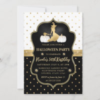 Sorcière avec anniversaire à pois noirs et blancs