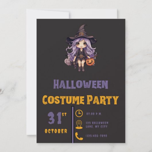 Invitation Sorcière avec citrouille d'Halloween noire (Devant)