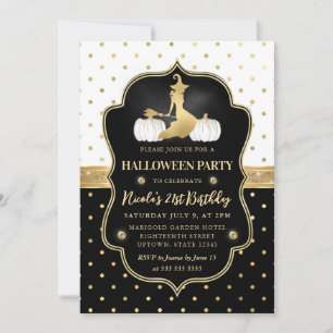 Invitation Sorcière avec pois noirs et blancs 21e anniversair