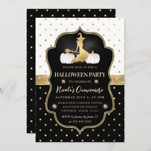 Invitation Sorcière avec Quinceanera Pois noir et blanc (Devant / Derrière)