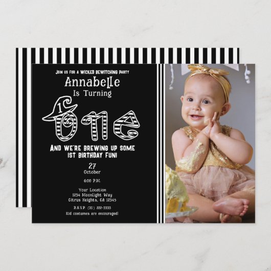 Invitation Sorcière blanche noire Halloween Photo 1er anniver (Devant / Derrière)