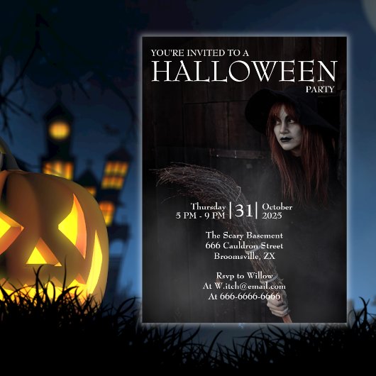 Invitation Sorcière de balai gothique moderne d'Halloween Gra