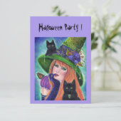Invitation Sorcière d'Halloween avec des chats noirs invitati (Debout devant)