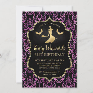 Invitation Sorcière dorée et chauves-souris Damassé 21e anniv