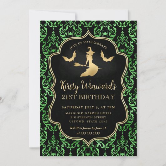 Invitation Sorcière dorée et damas d'araignées pour 21e anniv (Devant)