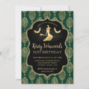 Invitation Sorcière dorée et motif damassé pour 21e anniversa