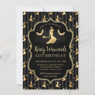 Invitation Sorcière dorée et motif rayé 21e anniversaire