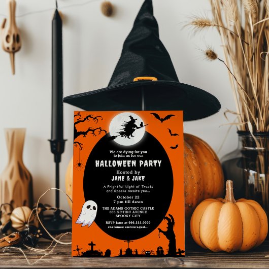 Invitation Sorcière éffrayante sur la Lune Orange Halloween P