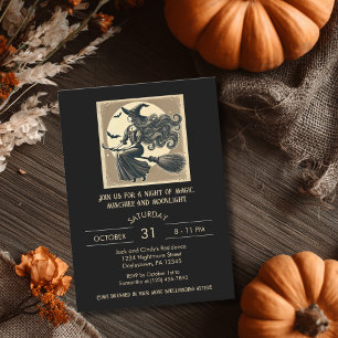 Invitation Sorcière Élégante sur Balai Halloween Vintage Noir
