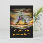 Invitation Sorcière et chat noir, Joyeux Halloween ! (Debout devant)