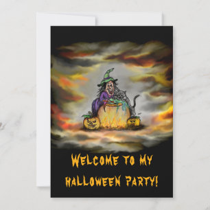 Invitation Sorcière et chat noir, Joyeux Halloween !