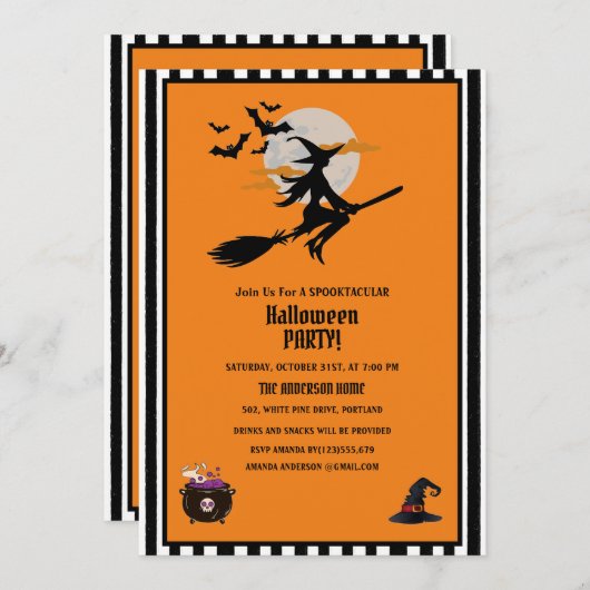 Invitation Sorcière et chauves-souris volantes Orange Hallowe (Devant / Derrière)