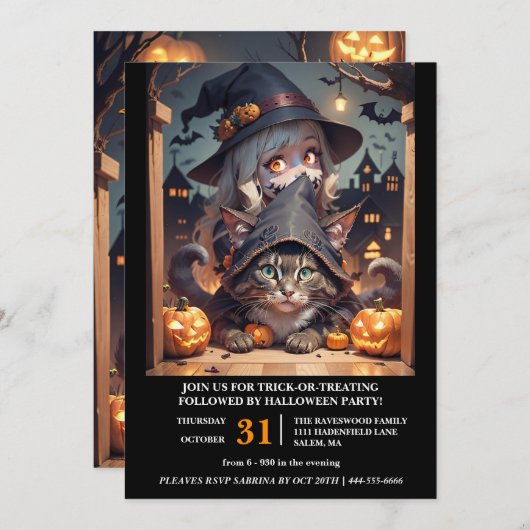 Invitation Sorcière et son chat Halloween Party (Devant / Derrière)