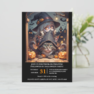 Invitation Sorcière et son chat Halloween Party