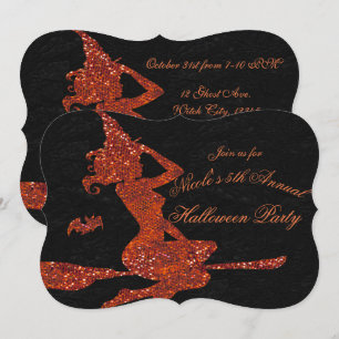 Invitation Sorcière Glamour Volant sur un Balai Fête d'Hallow