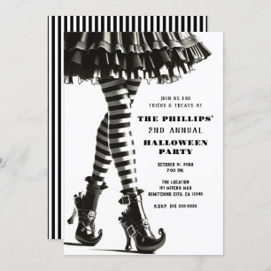 Invitation Sorcière gothique Jambes rayées Noir Blanc Hallowe