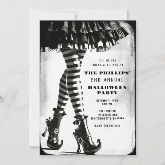 Invitation Sorcière gothique Jambes rayées Noir Blanc Hallowe (Devant)