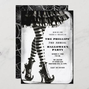Invitation Sorcière gothique Jambes rayées Noir Blanc Hallowe