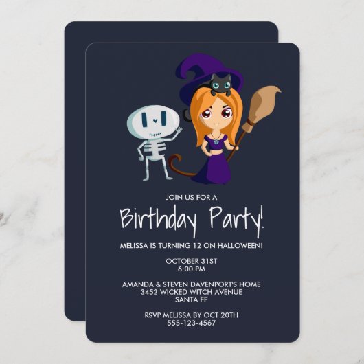 Invitation Sorcière mignonne avec Chat noir fête d'anniversai (Devant / Derrière)