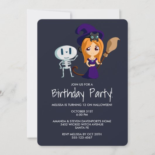 Invitation Sorcière mignonne avec Chat noir fête d'anniversai (Devant)