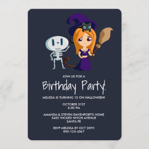 Invitation Sorcière mignonne avec Chat noir fête d'anniversai