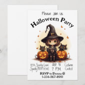 Invitation Sorcière mignonne avec Jack-o-lanterns et Kittens (Devant / Derrière)