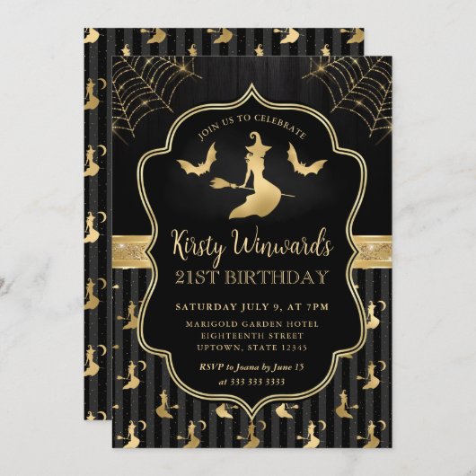 Invitation Sorcière noire et or et chauves-souris Damask 21e  (Devant / Derrière)