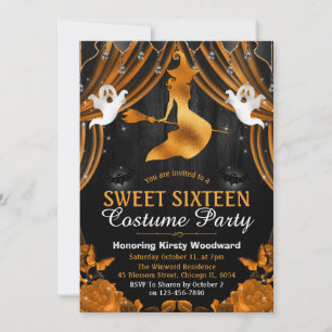 Invitation Sorcière noire et orange et rideaux scintillants S