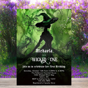 Invitation Sorcière Noire Verte Première Fille Première Anniv