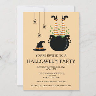 Invitation Sorcière orange jambes dans un chaudron Halloween 