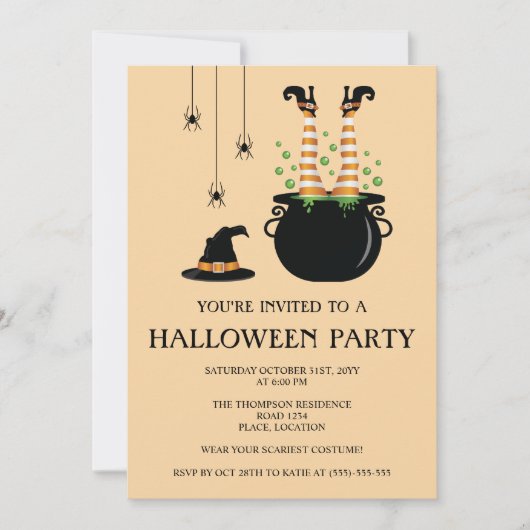 Invitation Sorcière orange jambes dans un chaudron Halloween (Devant)