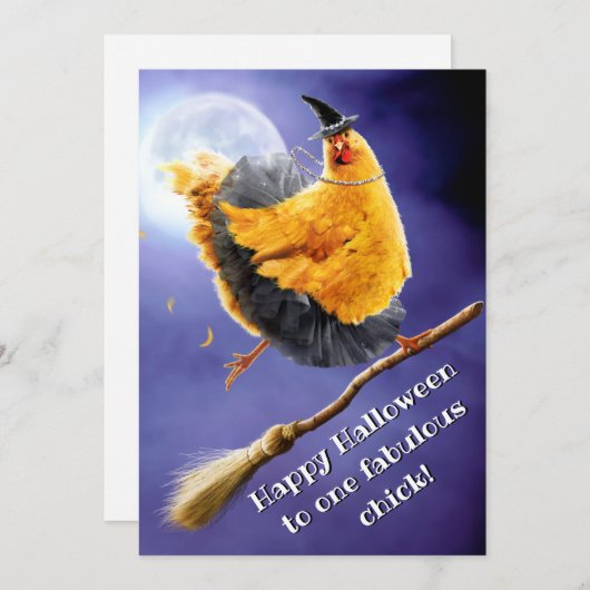 Invitation Sorcière poulet sur balai (Devant / Derrière)