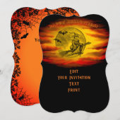 Invitation Sorcière volante avec chat noir, nuit d'Halloween (Devant / Derrière)