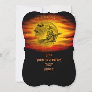 Invitation Sorcière volante avec chat noir, nuit d'Halloween