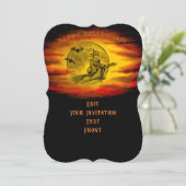 Invitation Sorcière volante avec chat noir, nuit d'Halloween (Debout devant)