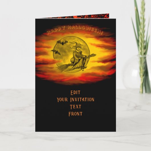 Invitation Sorcière volante avec chat noir, nuit halloween (Devant)
