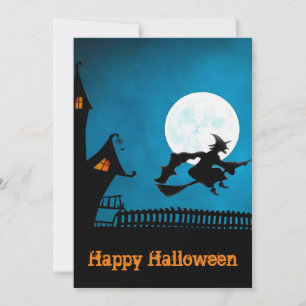 Invitation Sorcière volante éffrayante : Halloween noir et bl
