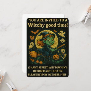 Invitation Sorcière volante Glittery Halloween Party
