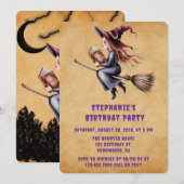 Invitation Sorcière Whimsical Flying Broom Girl Birthday Part (Devant / Derrière)