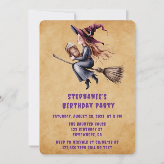 Invitation Sorcière Whimsical Flying Broom Girl Birthday Part (Devant)