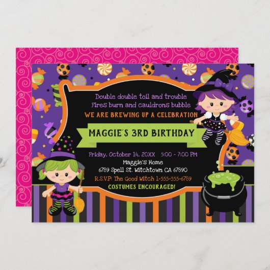 Invitation Sorcières fête d'anniversaire d'Halloween (Devant / Derrière)