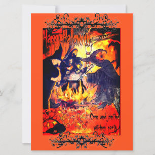 Invitation Sorcières Fête d'Halloween Art Chaudron Vautours