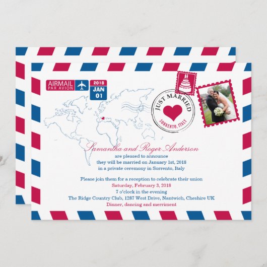 Invitation Sorrente Italie Par Avion Réception de Mariage (Devant / Derrière)