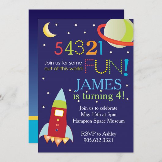 Invitation Sortez de cette fête d'anniversaire de l'espace mo (Devant / Derrière)