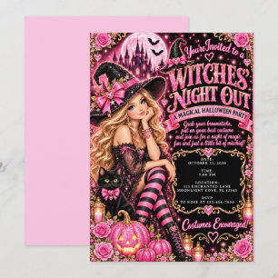 Invitation Sortie nocturne des sorcières Glam Rose noir Hallo