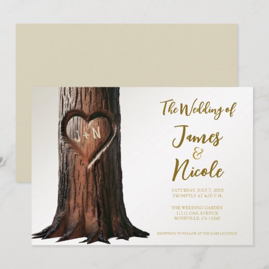Invitation Souche d'arbre à cœur sculpté Mariage rustique min (Devant / Derrière)