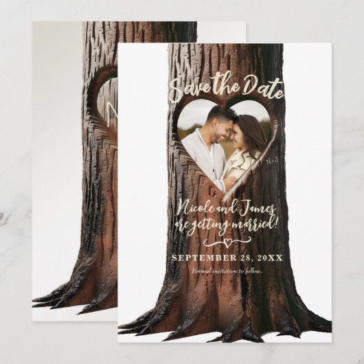 Invitation Souche d'arbre à cœur sculpté Photo rustique Save (Devant / Derrière)