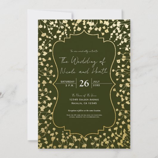 Invitation Souffle de bébé doré Fleurs Rouille Vert olive Mar (Devant)