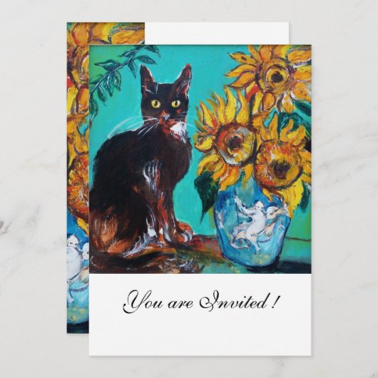 INVITATION SOUFFLE ET CHAT NOIR À LA FÊTE D'ÉTÉ TURQUOISE BLE (Devant / Derrière)