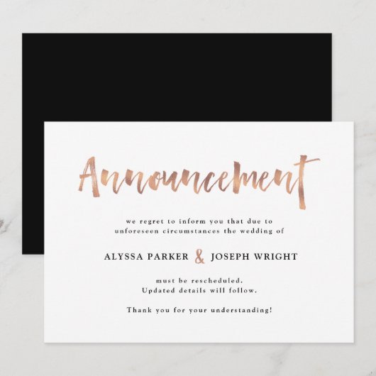 Invitation Souhait Moderne | Annulation ou Report de Mariage (Devant / Derrière)